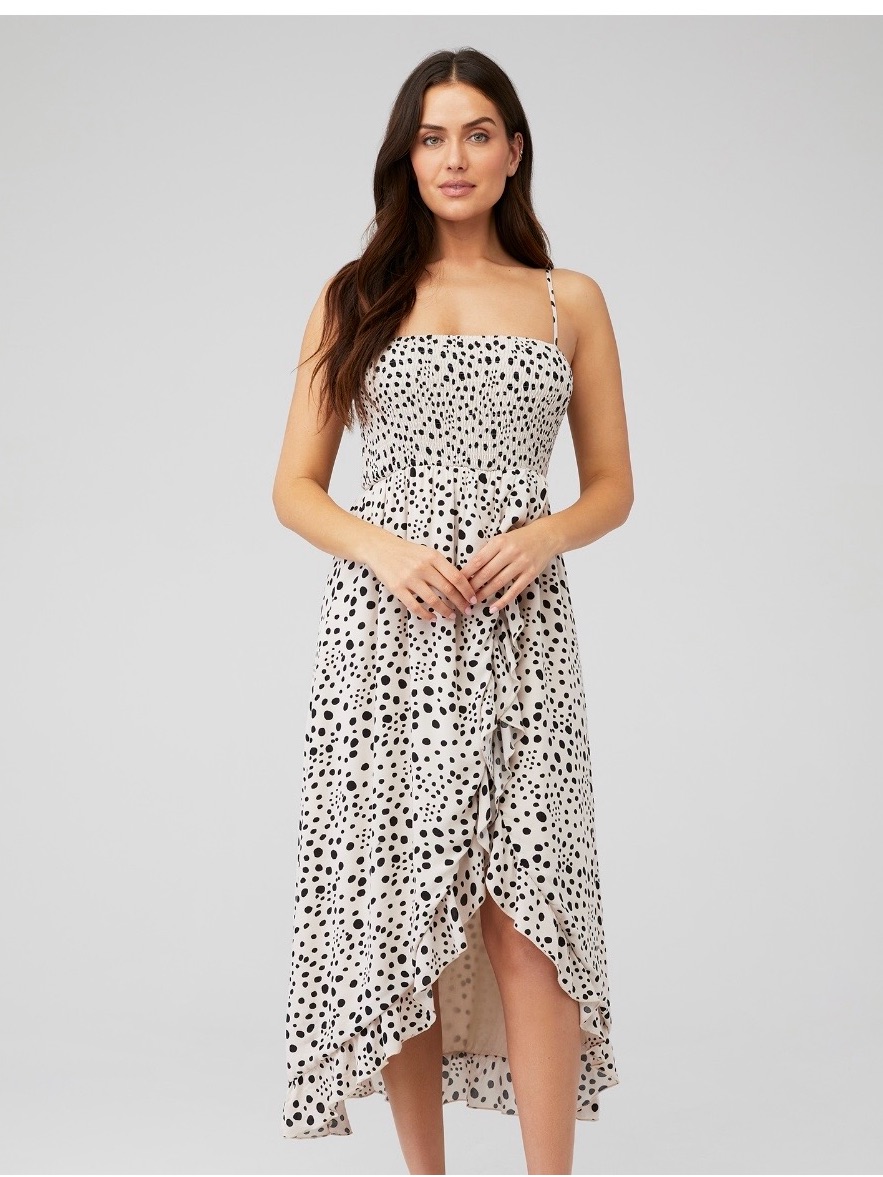 Lush Black Polka Dot Cream High-Low Smocked Dress